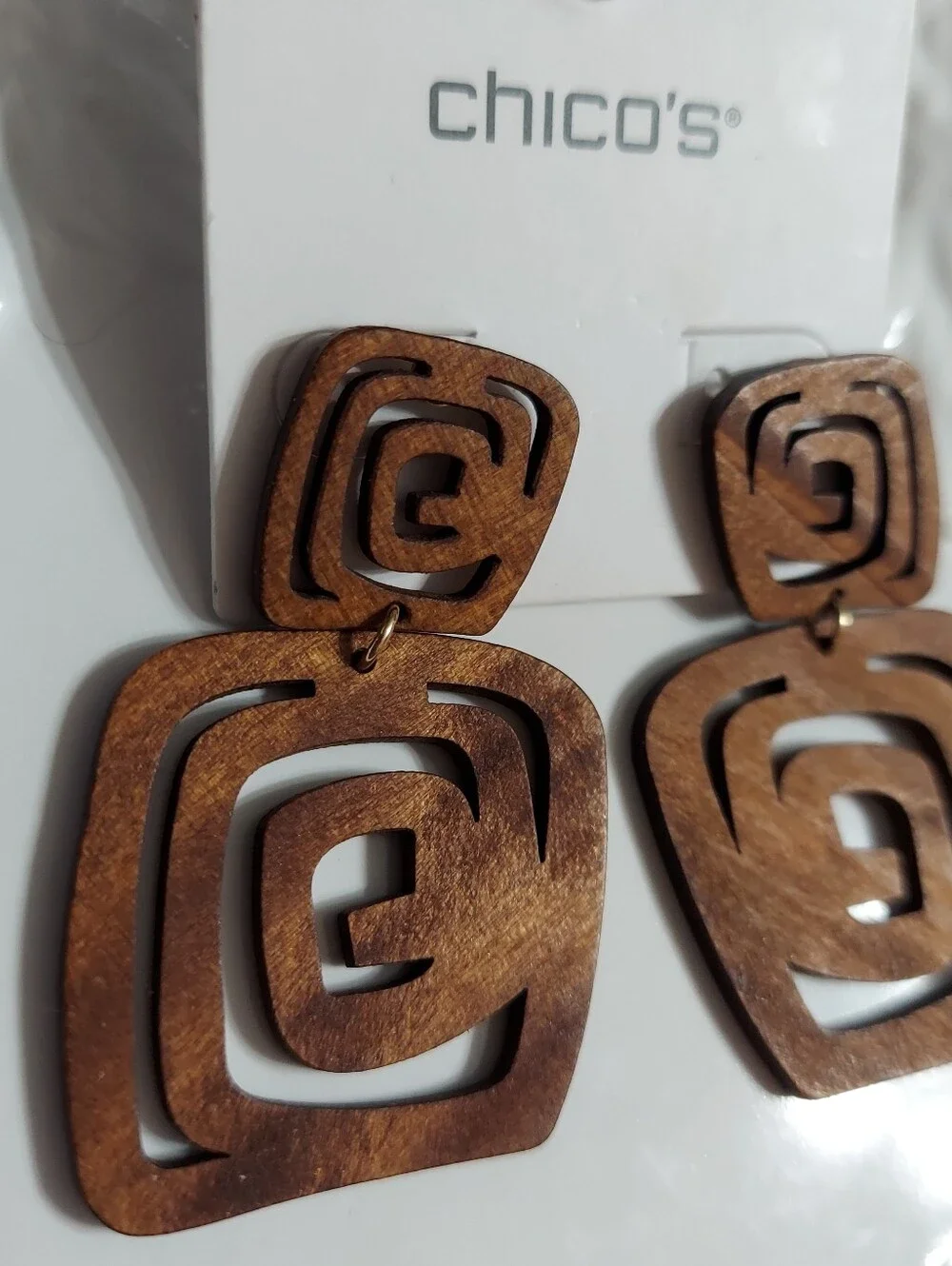 Chico's Elegant Brown Wood Geo Freeform Drop Earrings